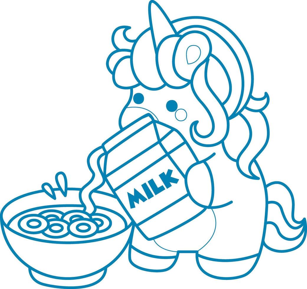 Printable outline Unicorn templates for coloring children's book. Unicorn pour milk into cereal vector