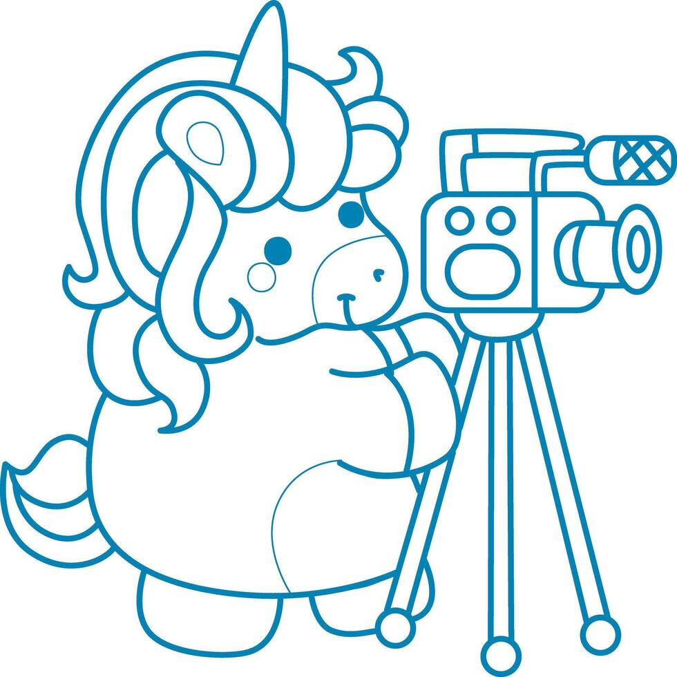 Printable outline Unicorn templates for coloring children's book. Unicorn with camera vector