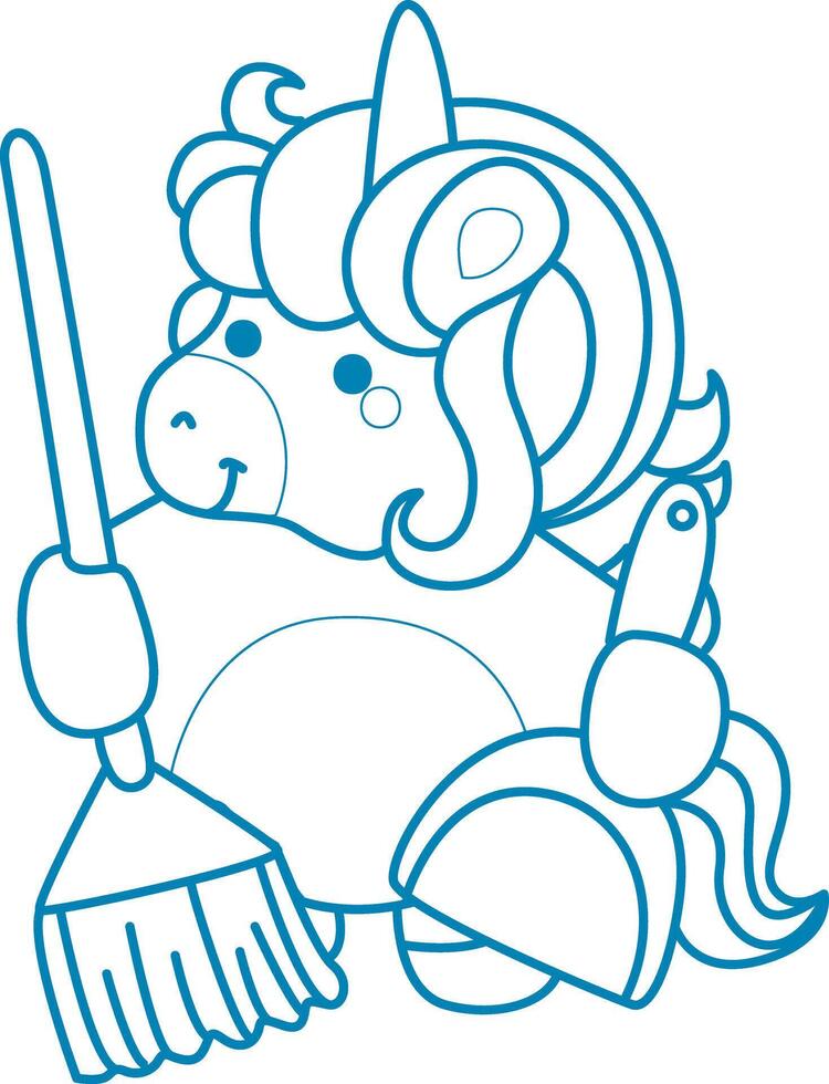 Printable outline Unicorn templates for coloring children's book. Unicorn bring a broom and duster vector