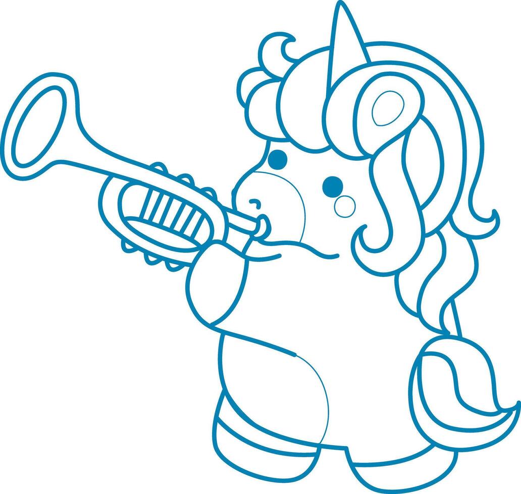 Printable outline Unicorn templates for coloring children's book. Unicorn playing trumpet vector