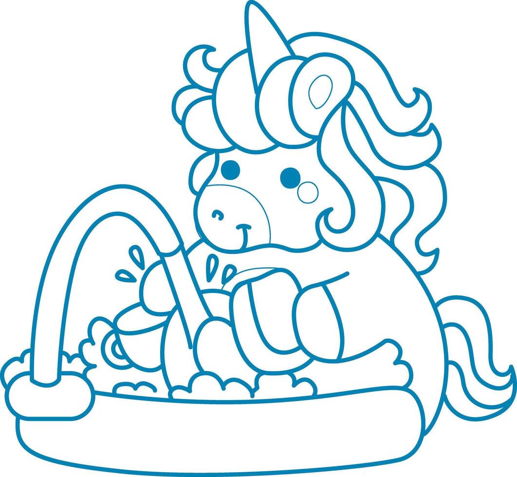 Printable outline Unicorn templates for coloring children's book. Unicorn cleaning a plate with sponge and soap vector