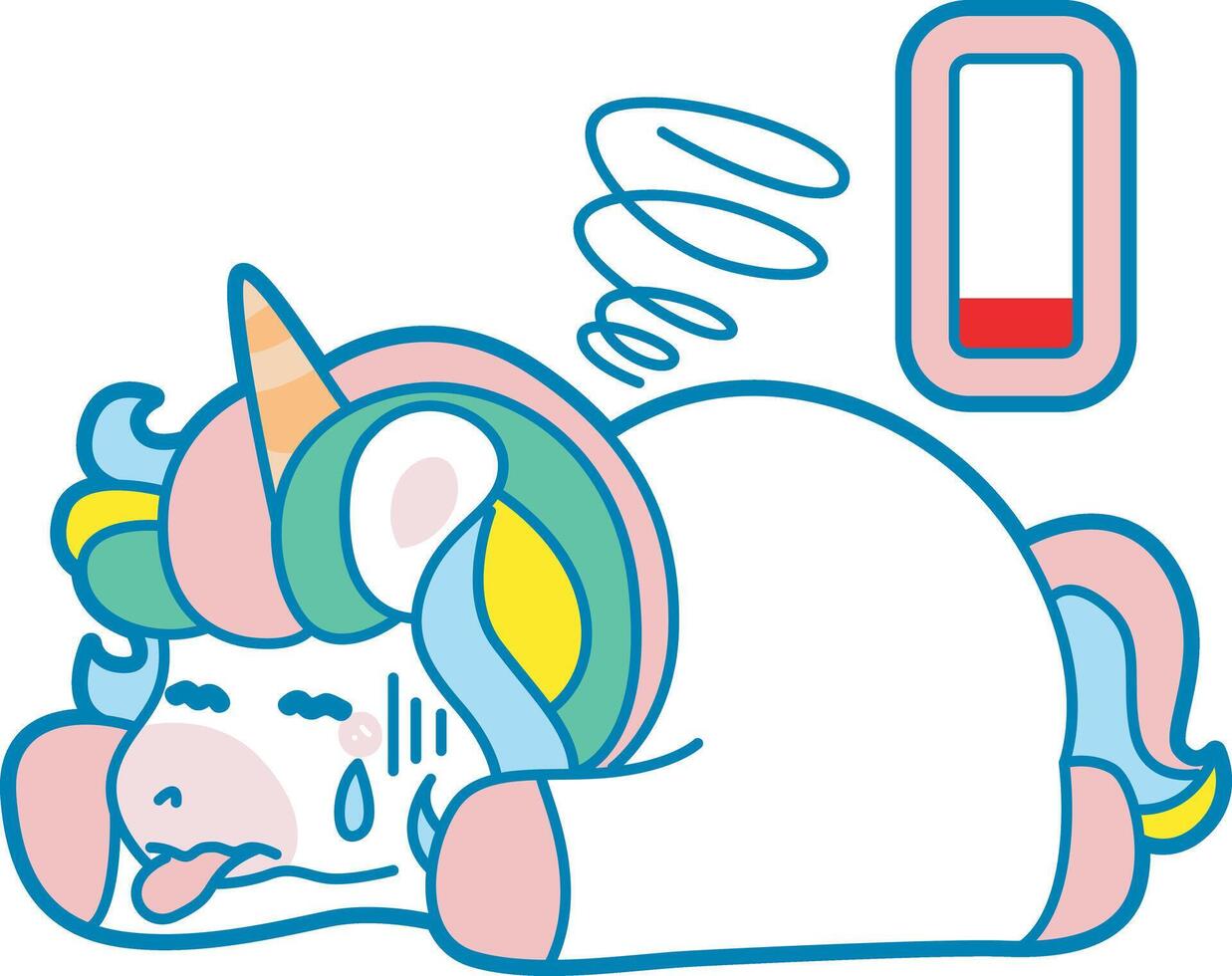 Illustration of cute unicorn activities icon. Funny rainbow unicorn daily routine stickers. Unicorn in the low energy vector