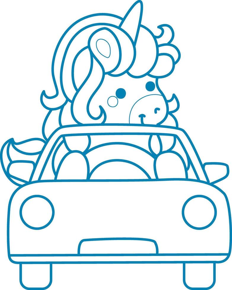 Printable outline Unicorn templates for coloring children's book. Unicorn riding a car in the street vector