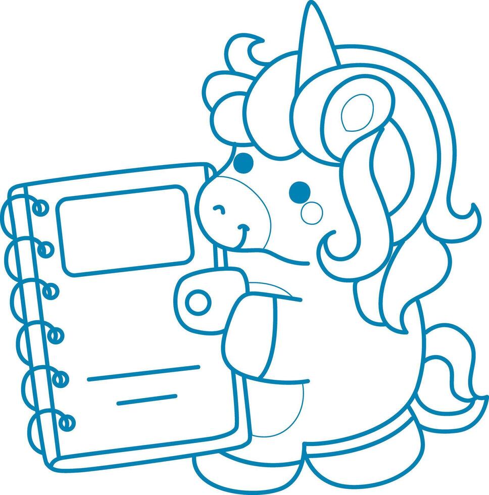 Printable outline Unicorn templates for coloring children's book. Unicorn bring a big notebook vector