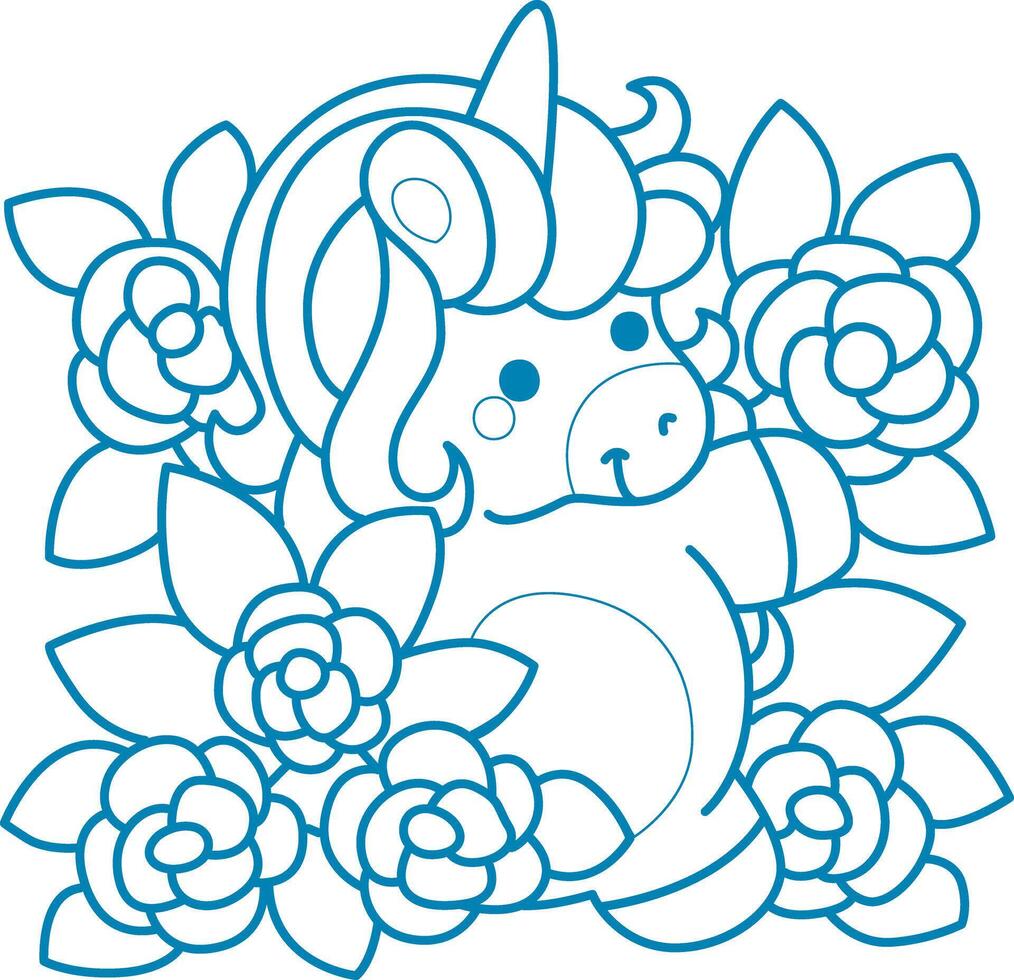 Printable outline Unicorn templates for coloring children's book. Unicorn in the middle of rose garden vector