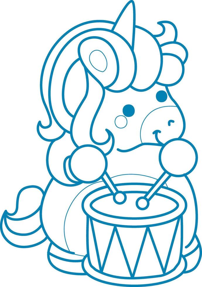 Printable outline Unicorn templates for coloring children's book. Unicorn playing drum in the festival vector