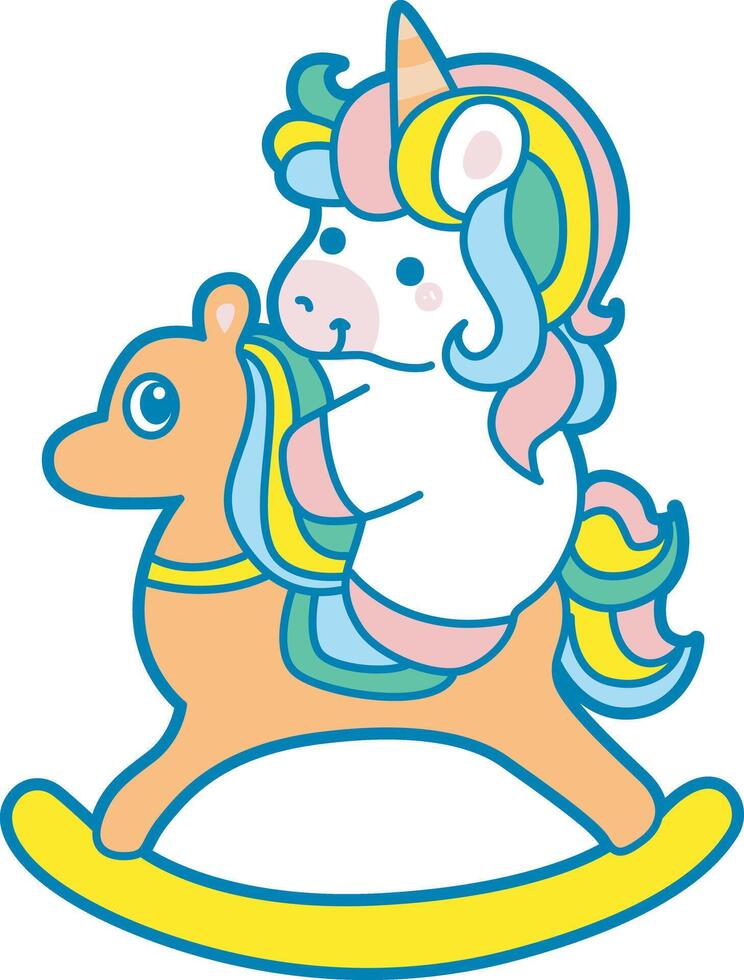 Illustration of cute unicorn activities icon. Funny rainbow unicorn daily routine stickers. Unicorn riding a rocky horse vector