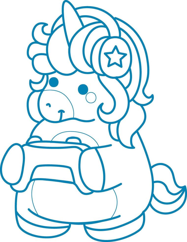 Printable outline Unicorn templates for coloring children's book. Unicorn playing game with joystick vector