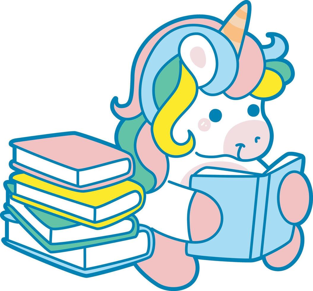Illustration of cute unicorn activities icon. Funny rainbow unicorn daily routine stickers. Unicorn reading a book vector