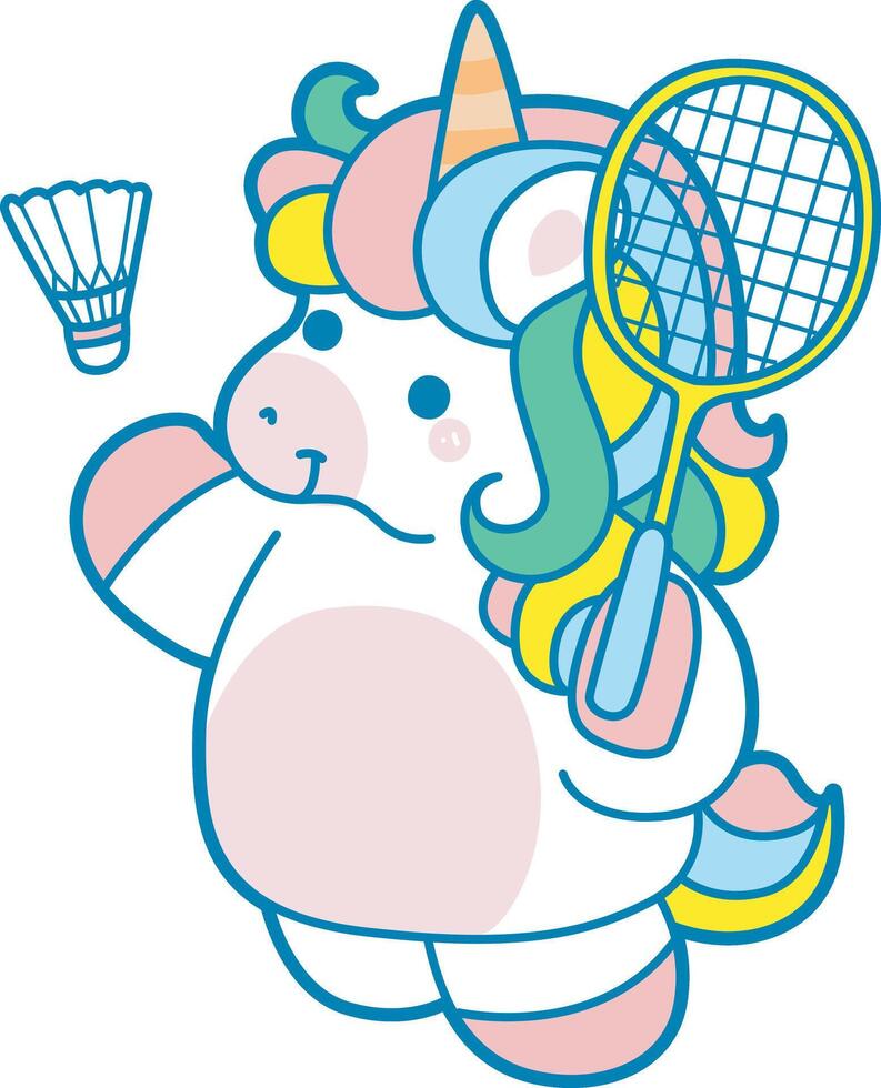 Illustration of cute unicorn activities icon. Funny rainbow unicorn daily routine stickers. Unicorn playing badminton vector