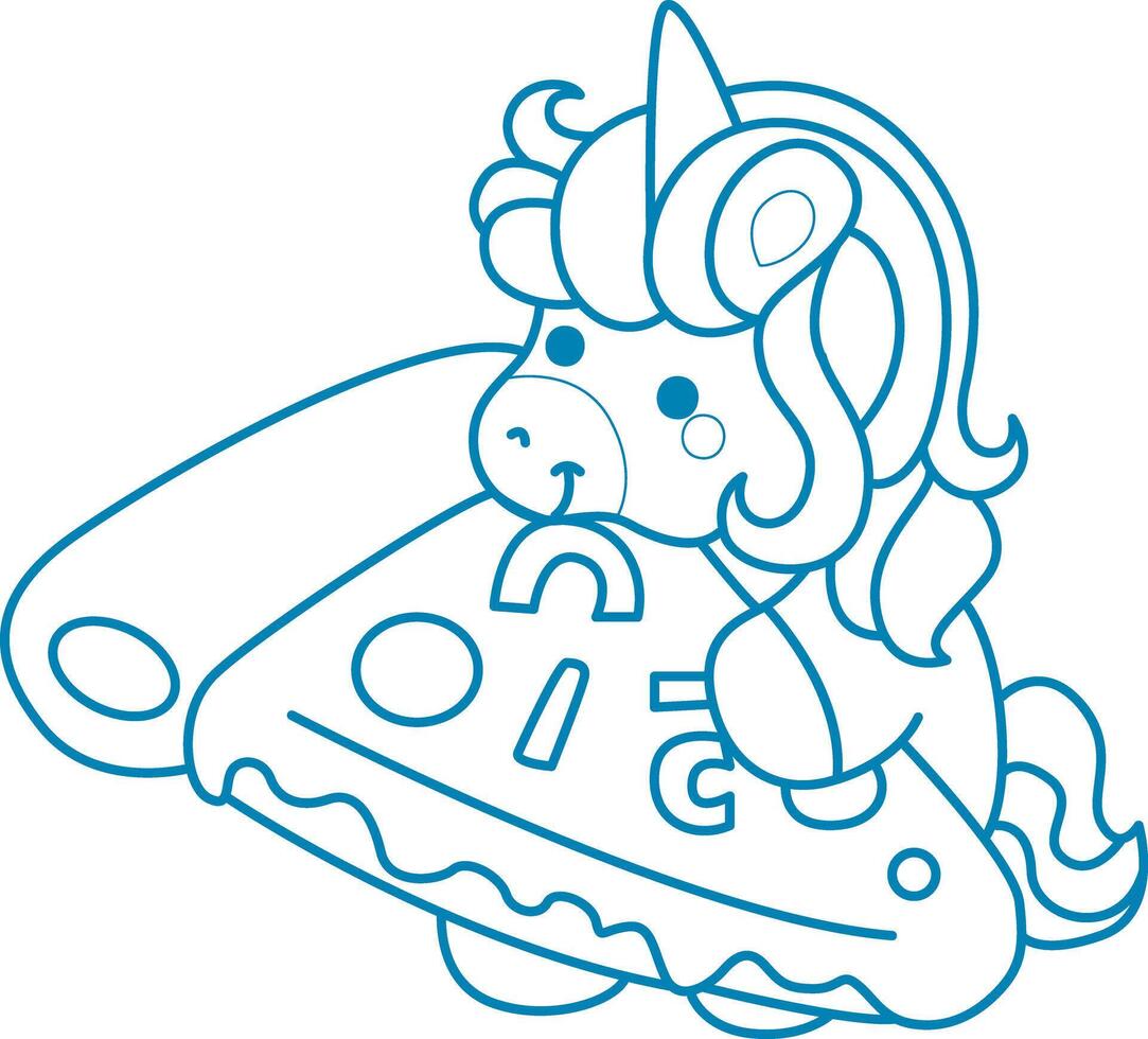Printable outline Unicorn templates for coloring children's book. Unicorn hugging a big pizza vector
