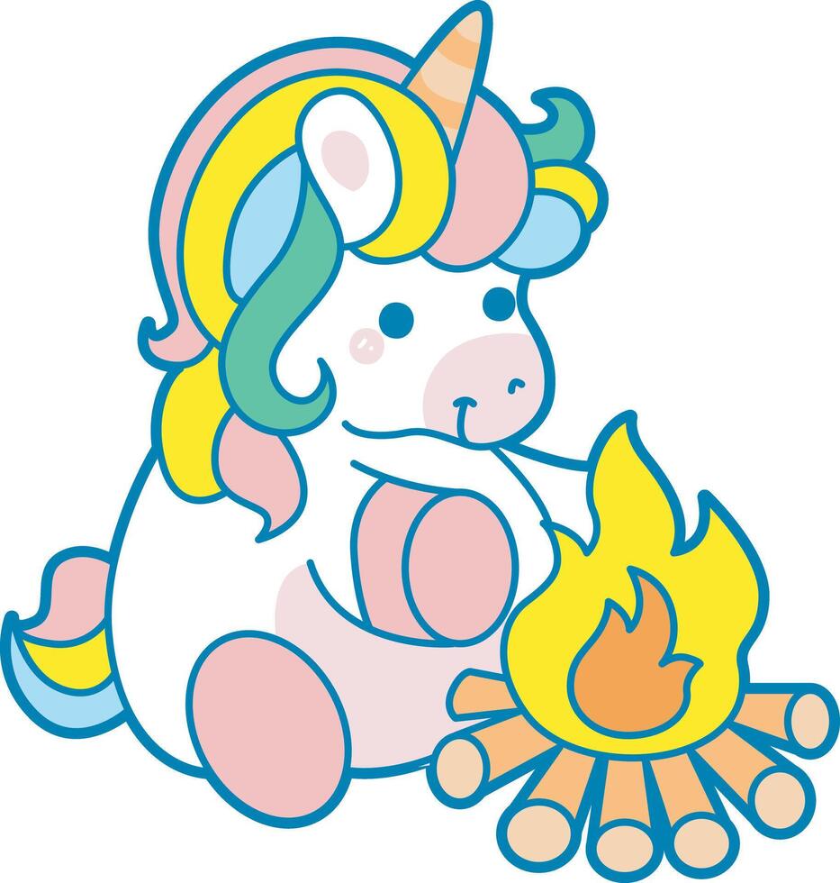 Illustration of cute unicorn activities icon. Funny rainbow unicorn daily routine stickers. Unicorn with fire fighter in the camp vector