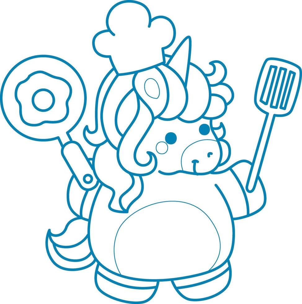 Printable outline Unicorn templates for coloring children's book. Unicorn chef want to cooking egg with pan and spatula vector