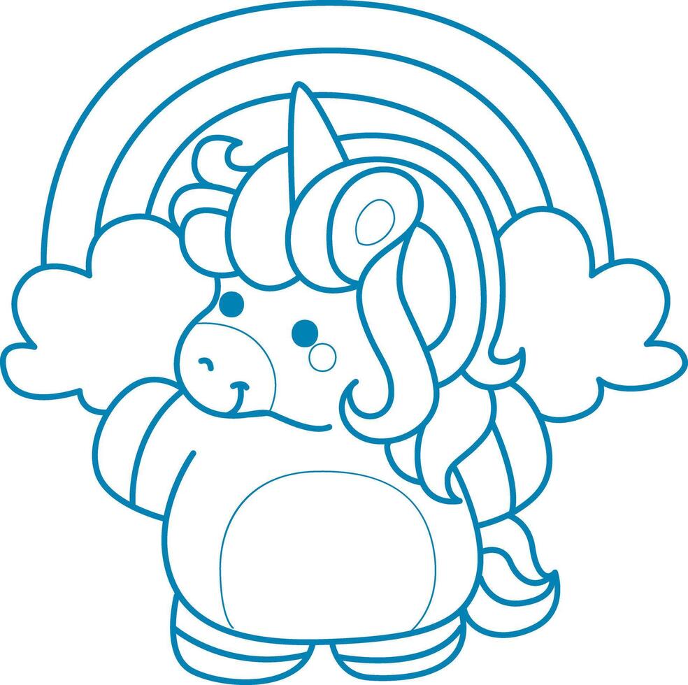 Printable outline Unicorn templates for coloring children's book. Unicorn in front of rainbow vector
