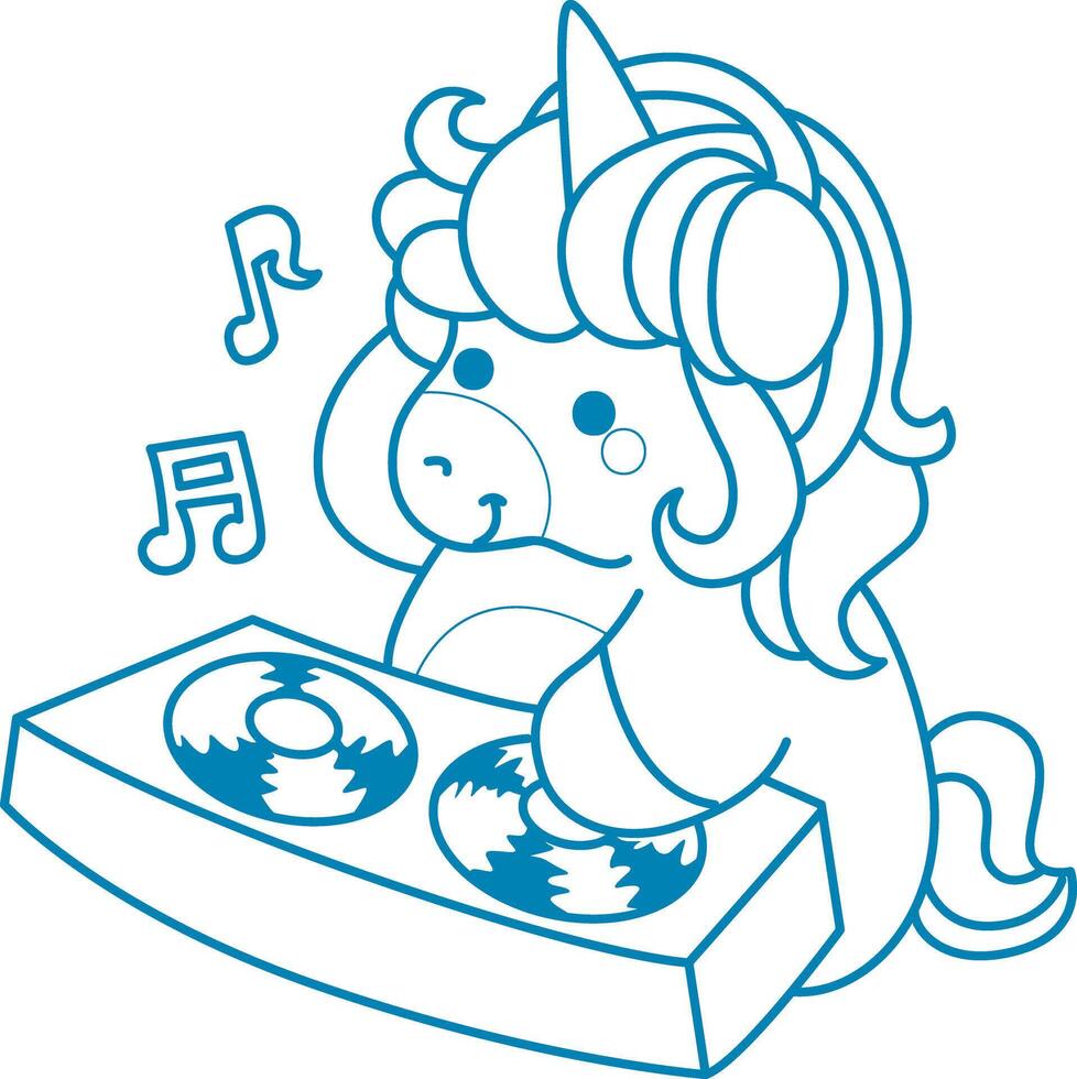 Printable outline Unicorn templates for coloring children's book. Unicorn is the DJ in the clubbing vector