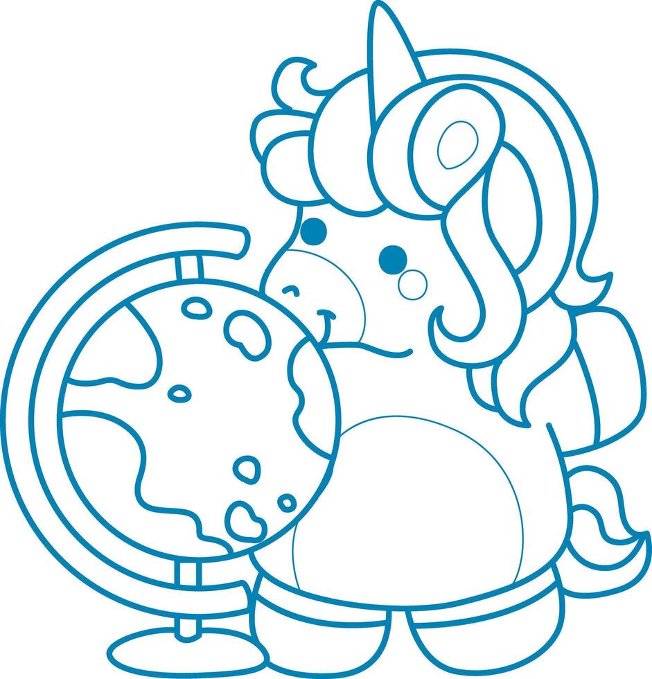 Printable outline Unicorn templates for coloring children's book. Unicorn with big globe vector