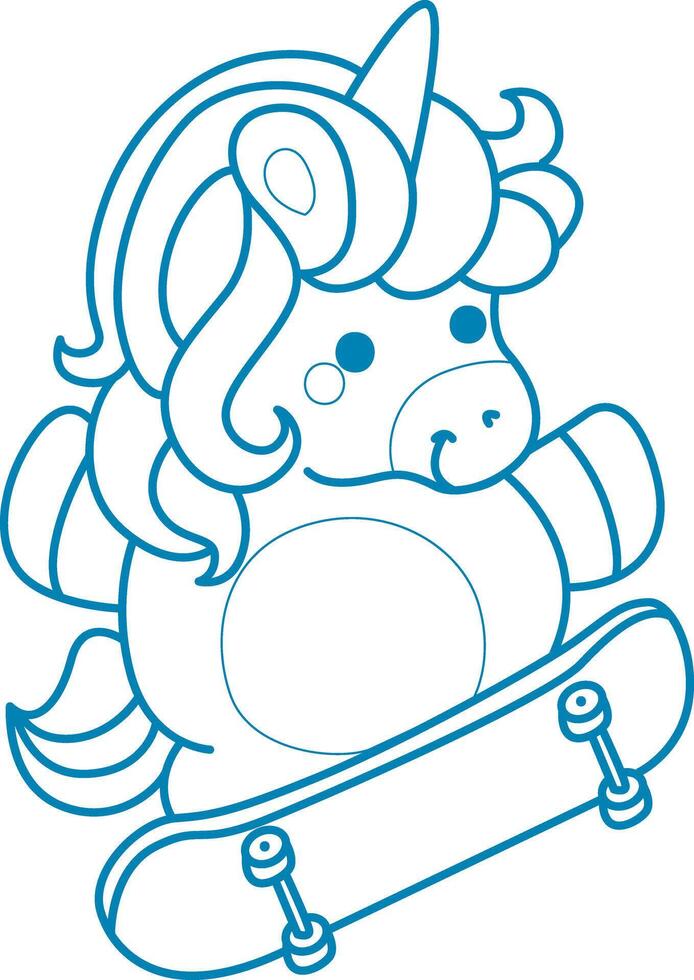 Printable outline Unicorn templates for coloring children's book. Unicorn playing skateboard vector