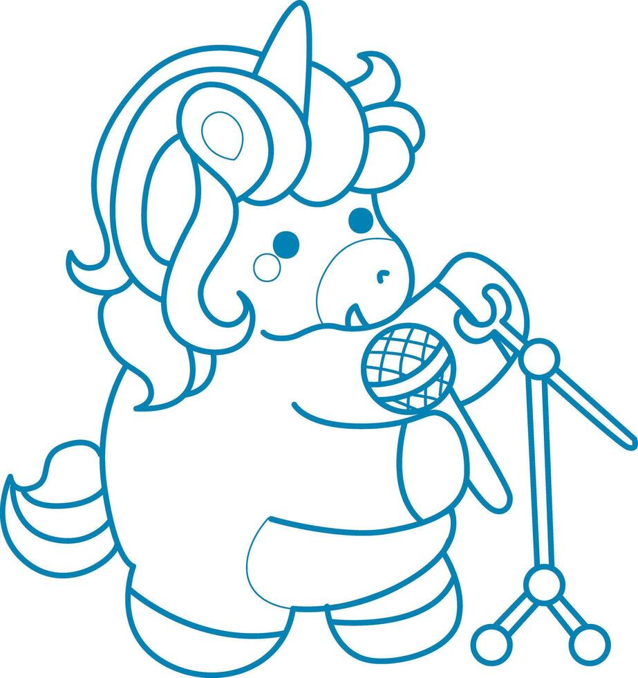 Printable outline Unicorn templates for coloring children's book. Unicorn sing a song with microphone vector