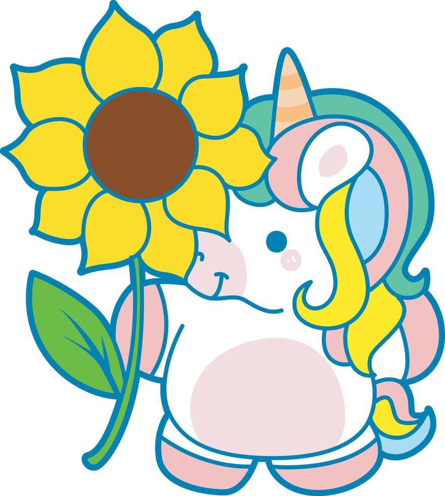Illustration of cute unicorn activities icon. Funny rainbow unicorn daily routine stickers. Unicorn with big sun flower vector