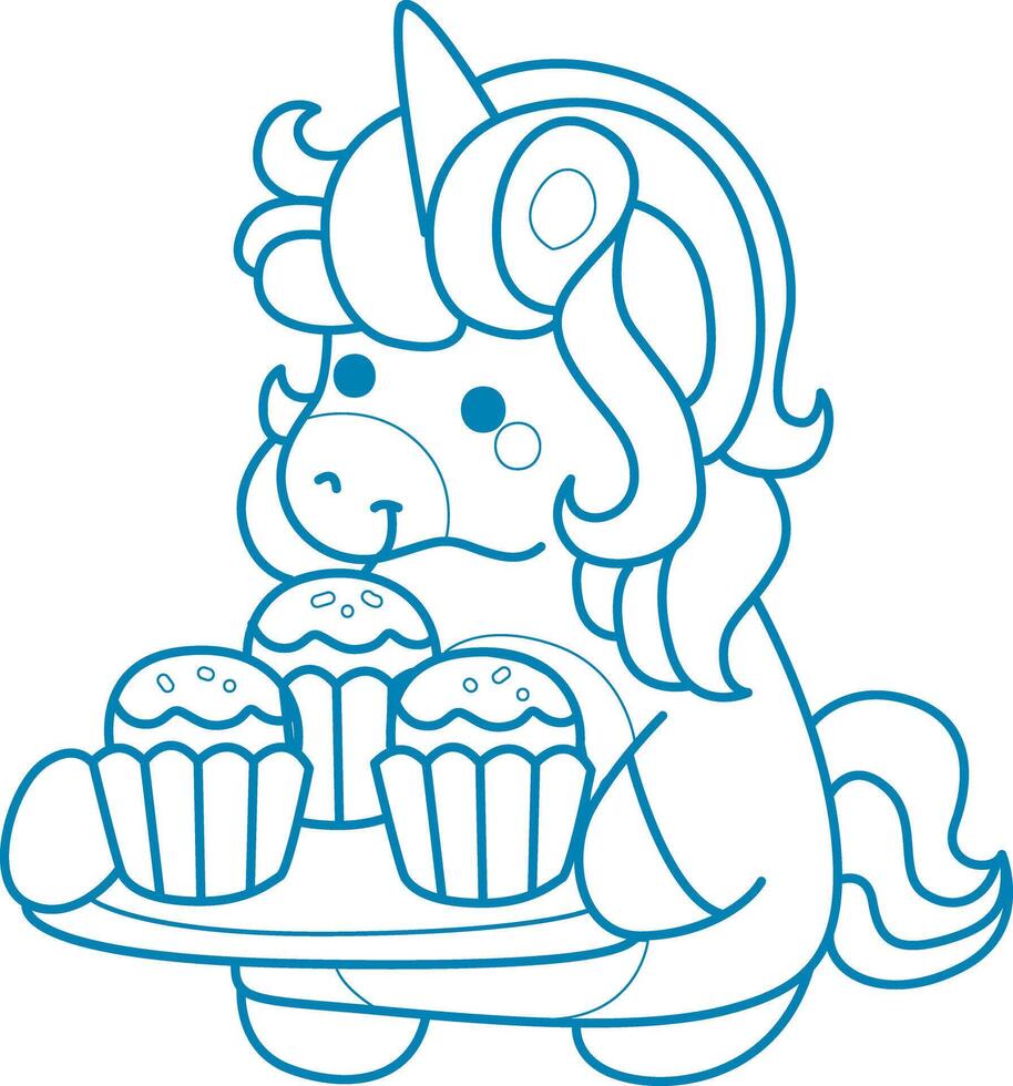 Printable outline Unicorn templates for coloring children's book. Unicorn bring a three cupcakes vector