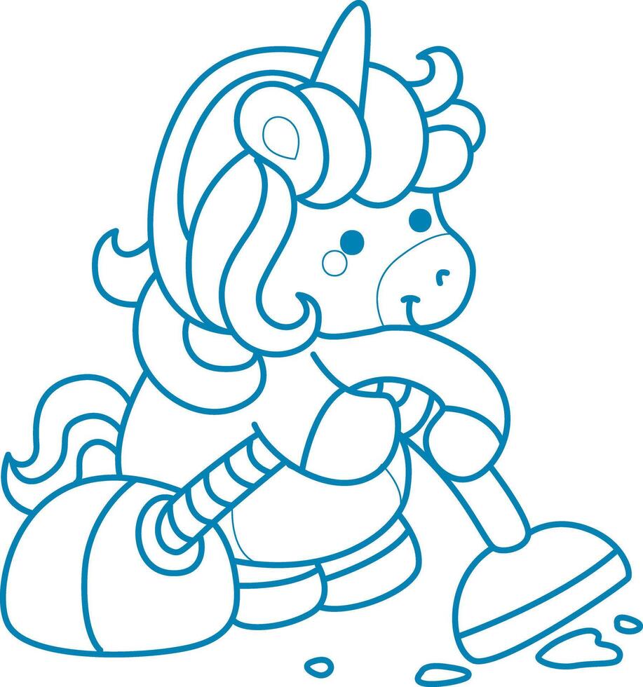 Printable outline Unicorn templates for coloring children's book. Unicorn cleaning the floor with vacuum cleaner vector