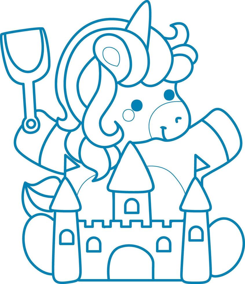 Printable outline Unicorn templates for coloring children's book. Unicorn with sand castle vector