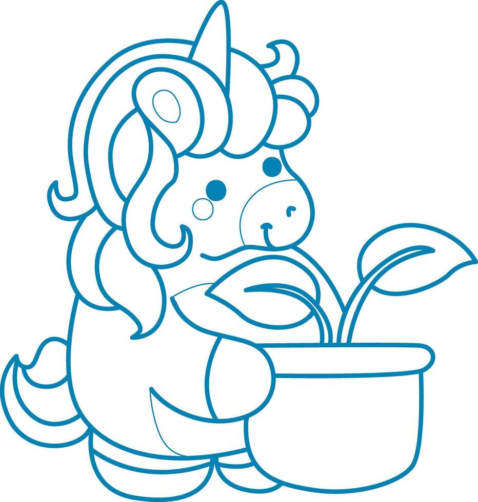 Printable outline Unicorn templates for coloring children's book. Unicorn bring a pot of leaves vector