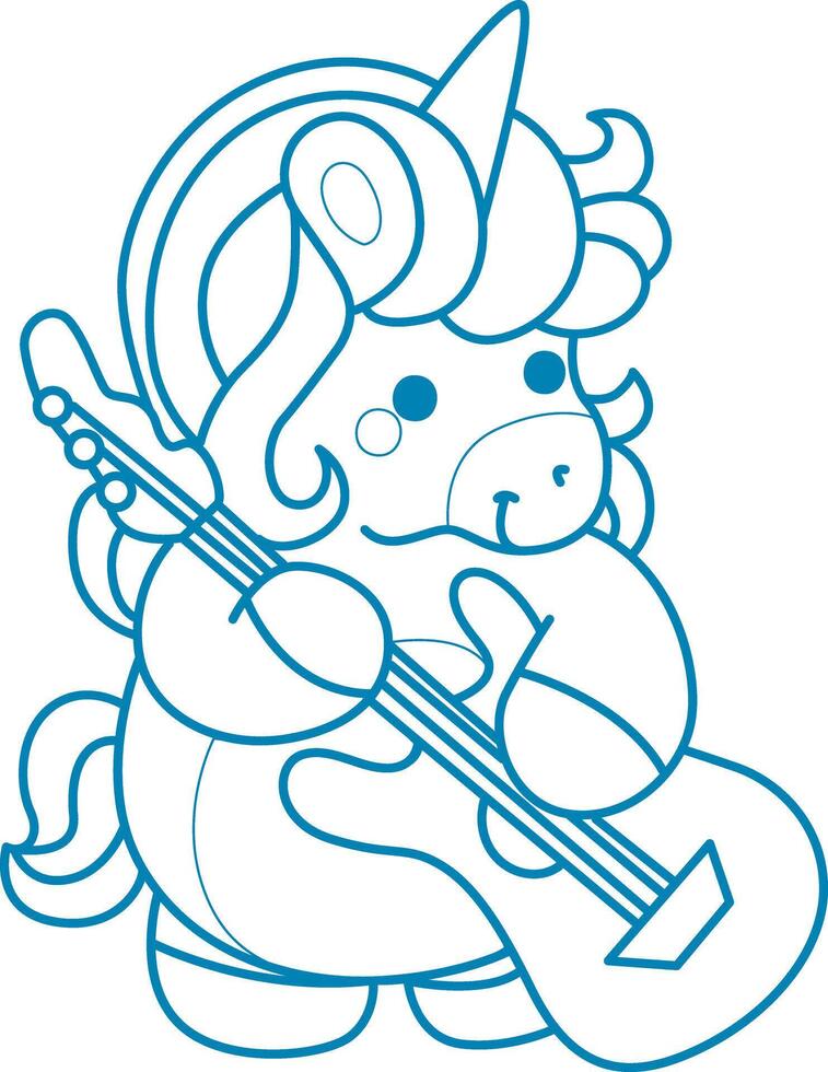 Printable outline Unicorn templates for coloring children's book. Unicorn playing a guitar vector