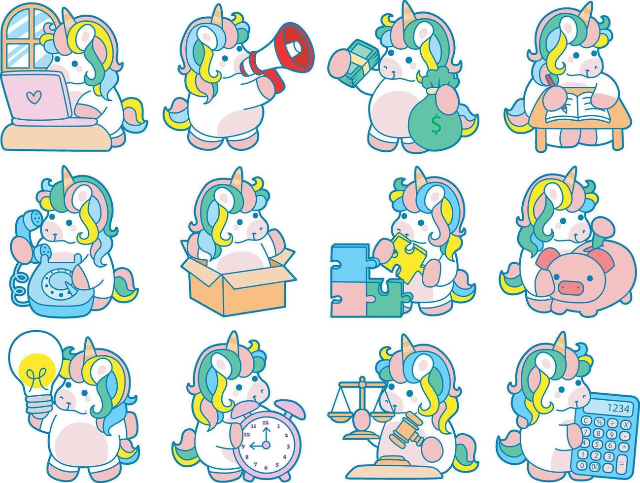 Illustration of cute unicorn activities icon. Funny rainbow unicorn daily routine stickers. Unicorn with variation of activities vector