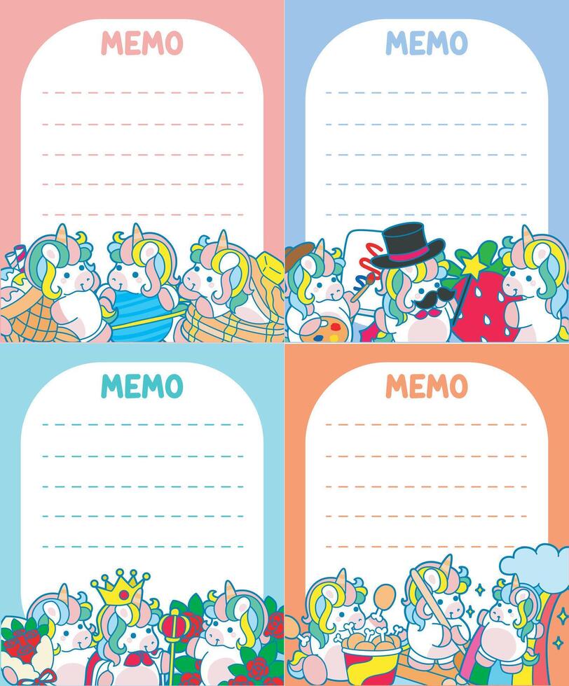 Printable daily plan with cute unicorn with rainbow color. Memo in the variation unicorn vector