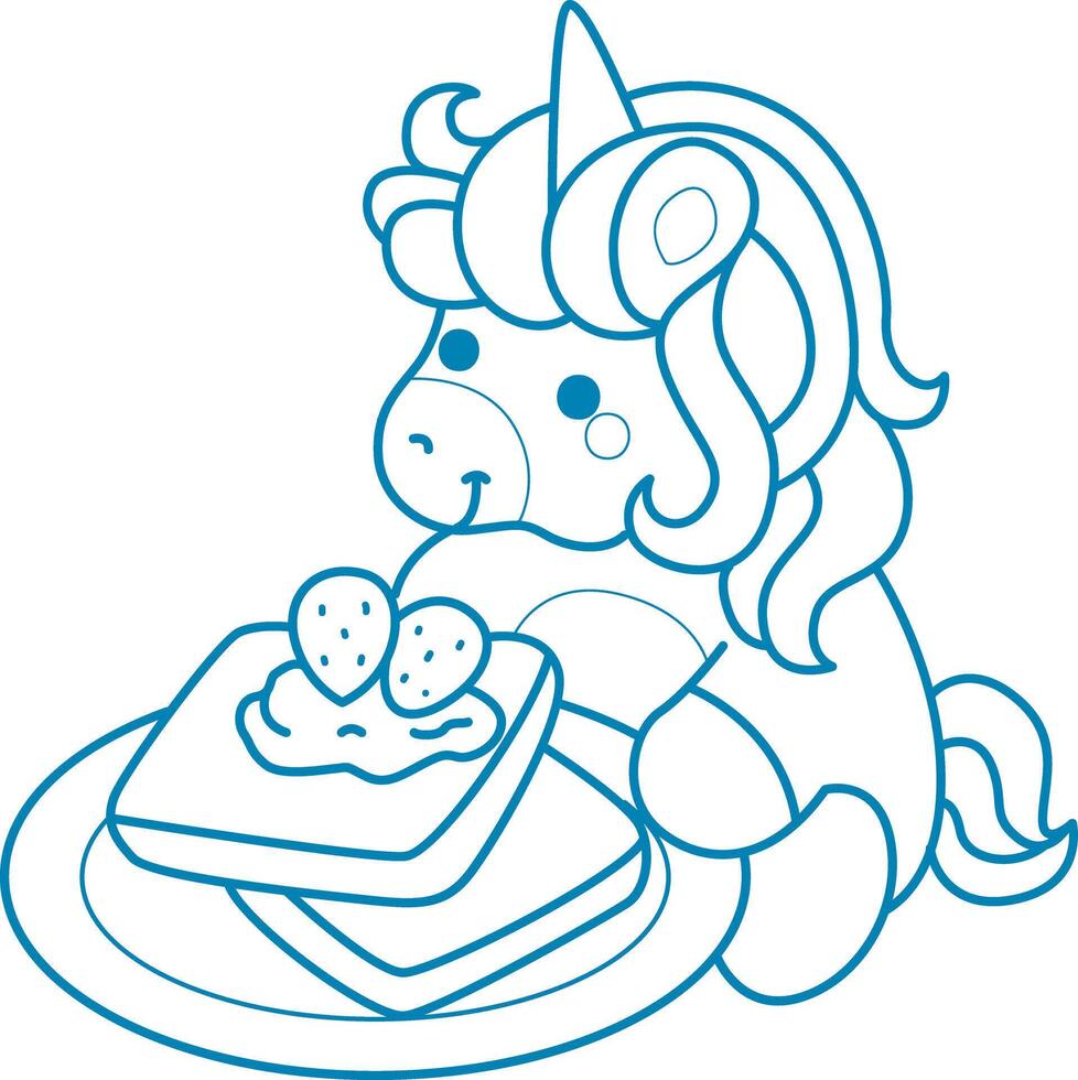 Printable outline Unicorn templates for coloring children's book. Unicorn want to eating bread and strawberries vector