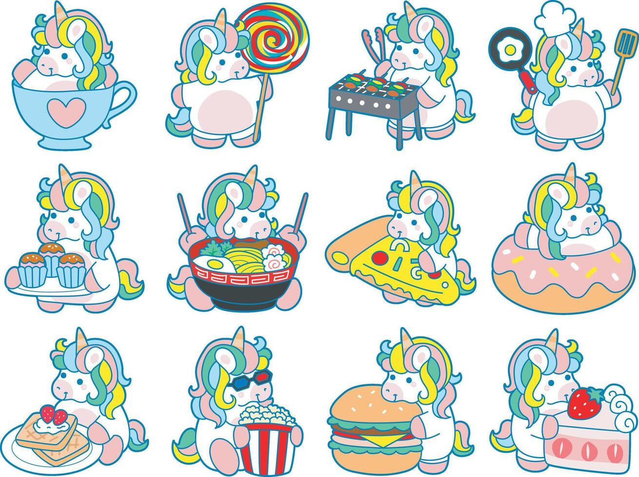 Illustration of cute unicorn activities icon. Funny rainbow unicorn daily routine stickers. Unicorn in the variation of food vector