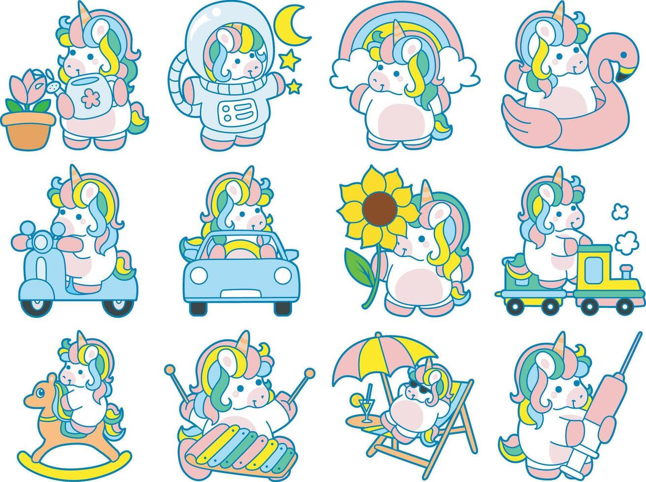Illustration of cute unicorn activities icon. Funny rainbow unicorn daily routine stickers. Unicorn with any transportation and imagination vector