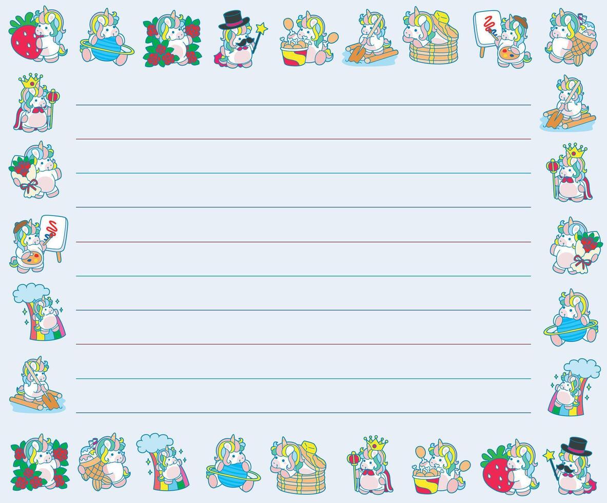 Printable daily plan with cute unicorn with rainbow color. Blue memo with unicorn elements vector