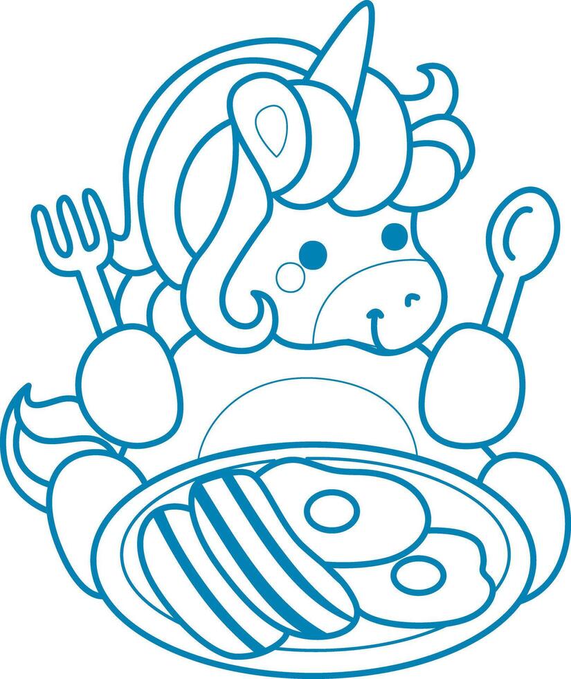 Printable outline Unicorn templates for coloring children's book. Unicorn want to eating bacon and eggs vector