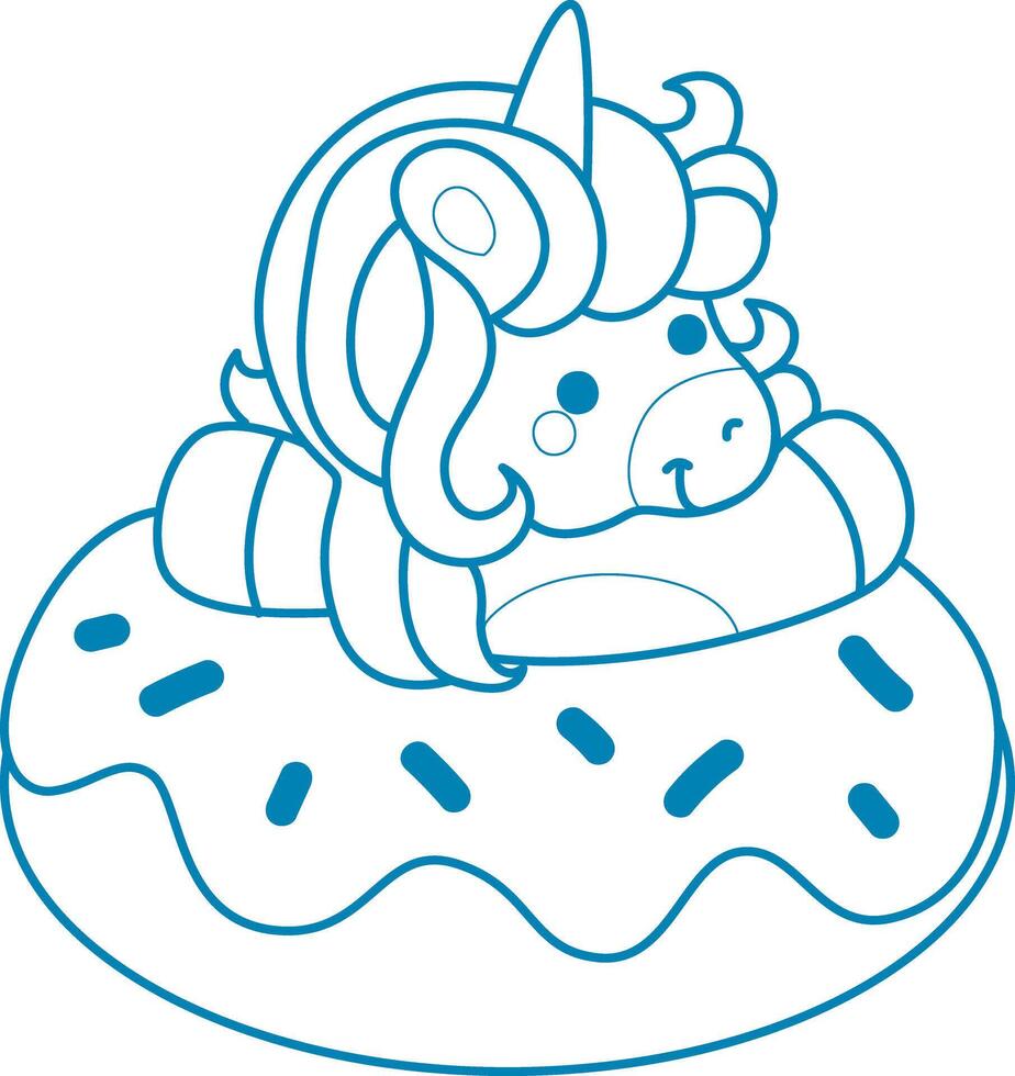 Printable outline Unicorn templates for coloring children's book. Unicorn in the middle of doughnut vector