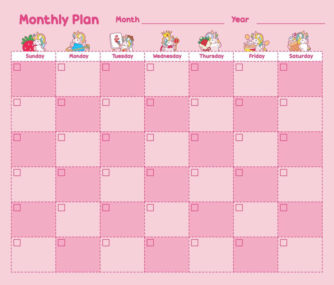 Printable daily plan with cute unicorn with rainbow color. Pink girly monthly plan unicorn version vector