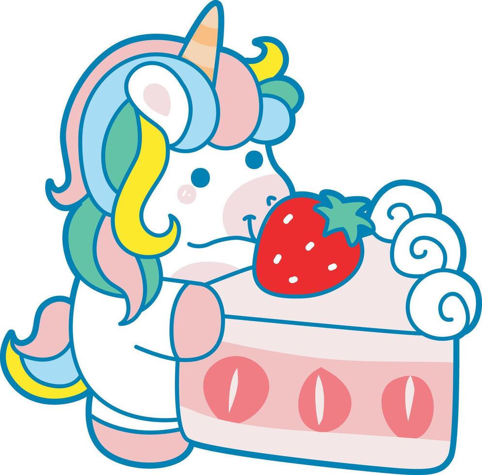 Illustration of cute unicorn activities icon. Funny rainbow unicorn daily routine stickers. Unicorn bring a big strawberry cake vector