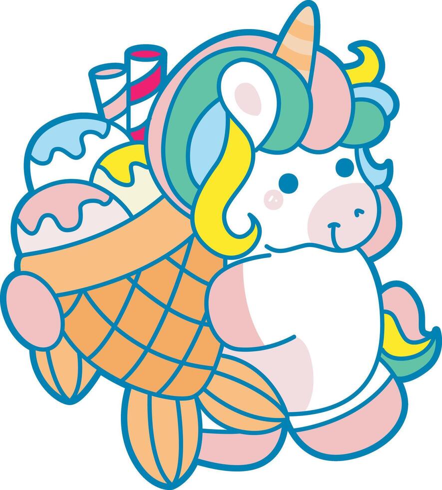 Illustration of cute unicorn activities icon. Funny rainbow unicorn daily routine stickers. Unicorn bring a big ice cream taiyaki vector