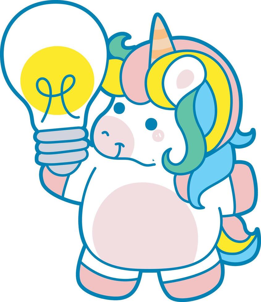 Illustration of cute unicorn activities icon. Funny rainbow unicorn daily routine stickers. Unicorn have an idea vector