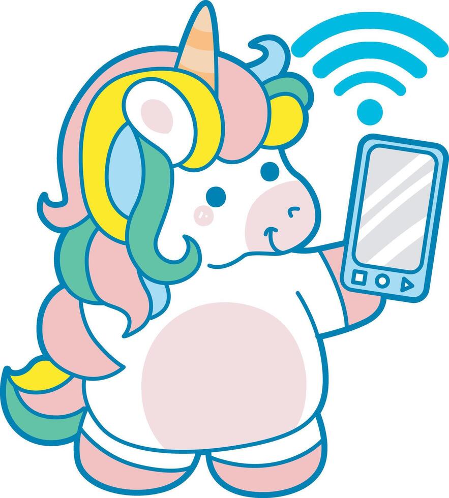 Illustration of cute unicorn activities icon. Funny rainbow unicorn daily routine stickers. Unicorn find a signel internet vector