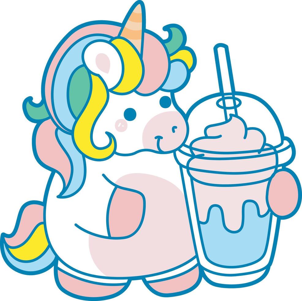 Illustration of cute unicorn activities icon. Funny rainbow unicorn daily routine stickers. Unicorn bring a milkshake vector