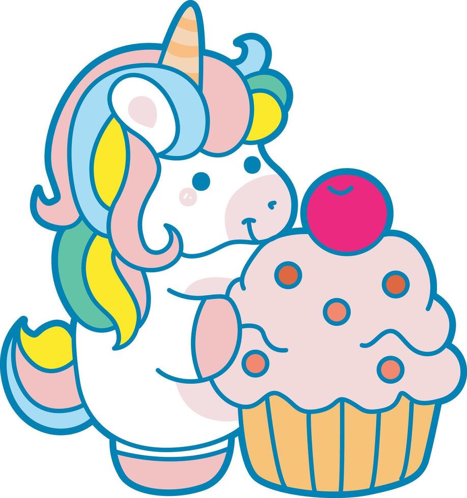 Illustration of cute unicorn activities icon. Funny rainbow unicorn daily routine stickers. Unicorn bring a creamy cupcake vector