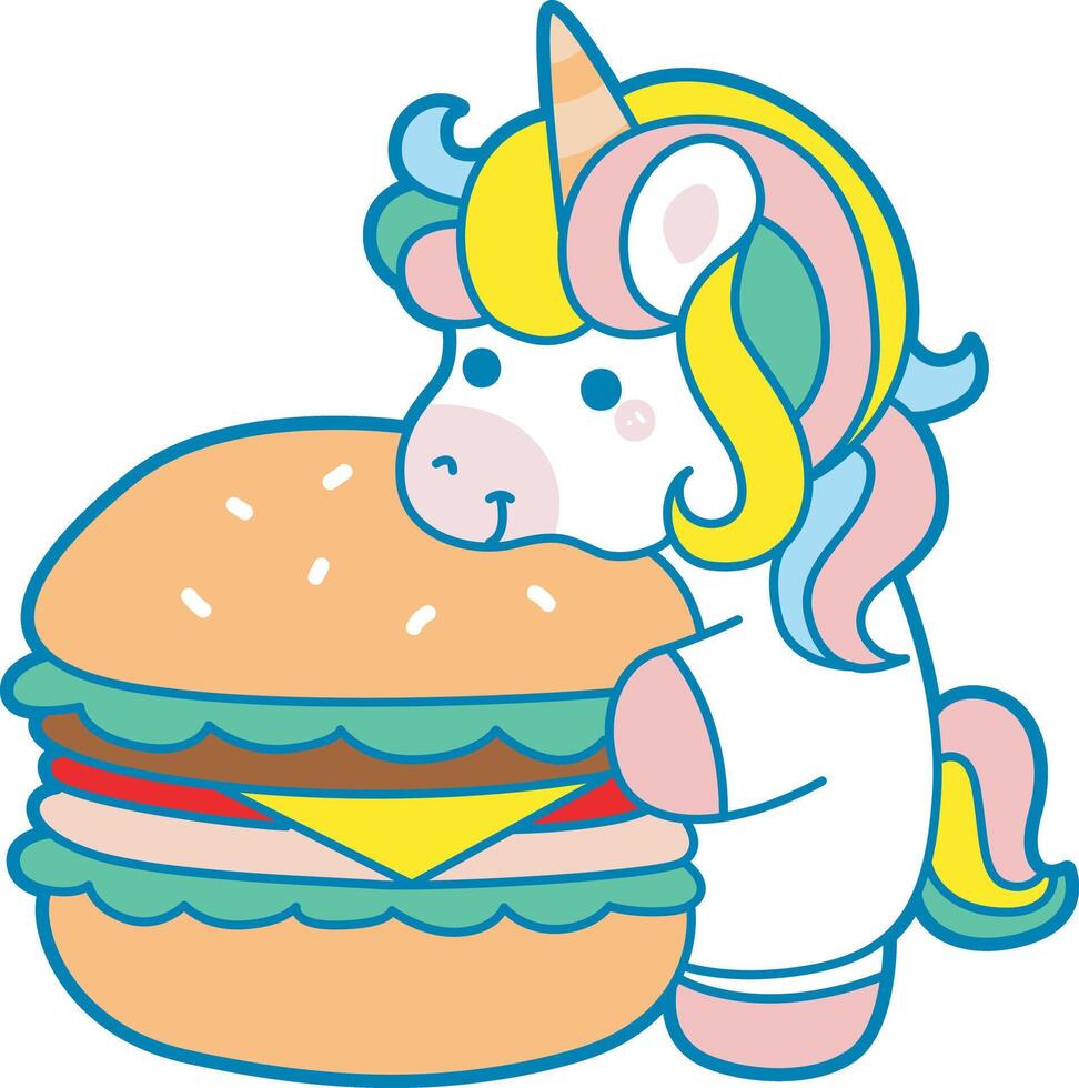 Illustration of cute unicorn activities icon. Funny rainbow unicorn daily routine stickers. Unicorn bring a big burger vector