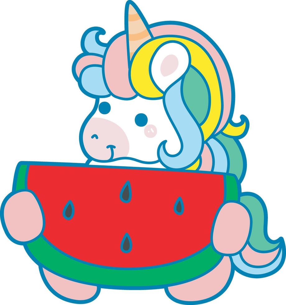 Illustration of cute unicorn activities icon. Funny rainbow unicorn daily routine stickers. Unicorn bring a big watermelon vector
