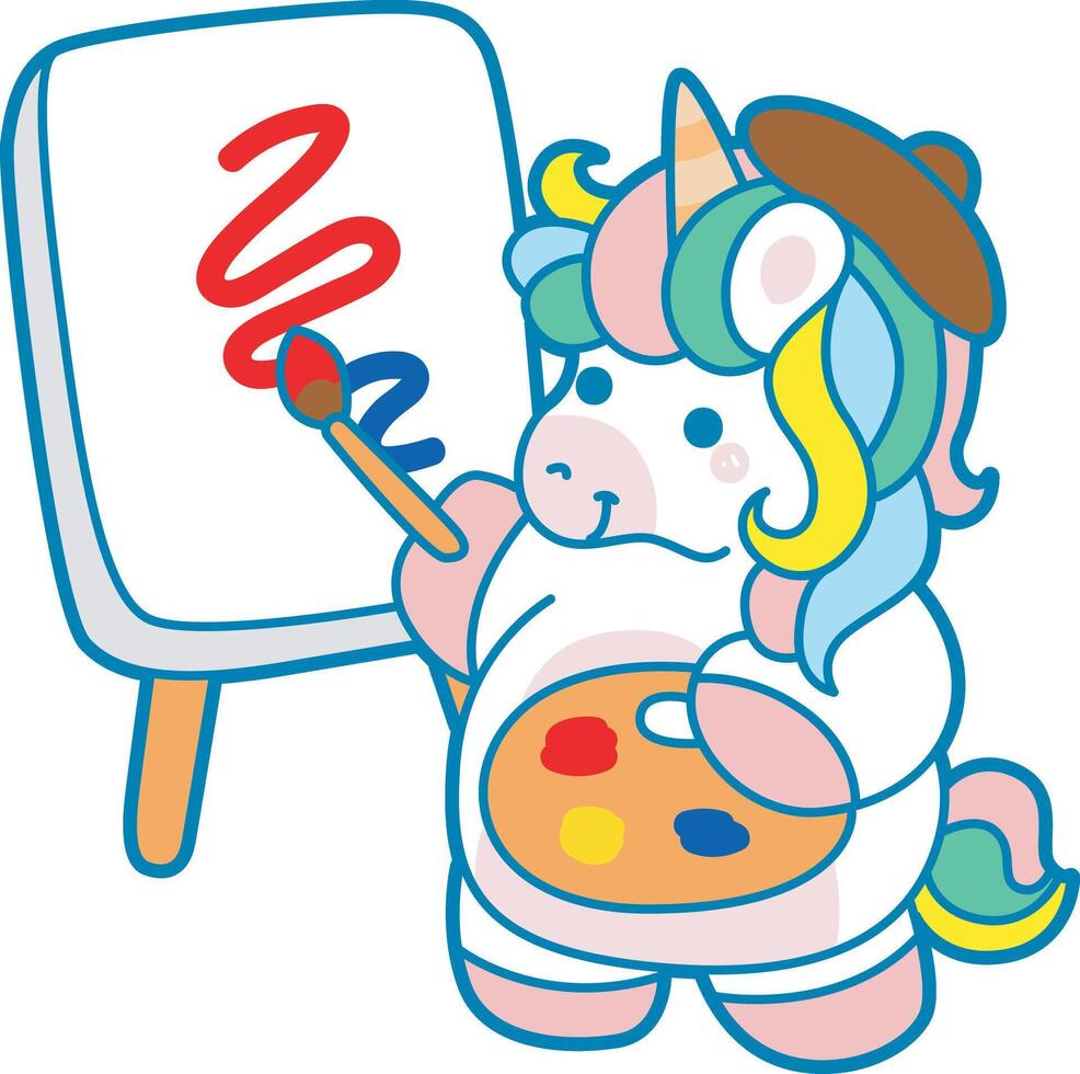 Illustration of cute unicorn activities icon. Funny rainbow unicorn daily routine stickers.. Unicorn painting a lines vector