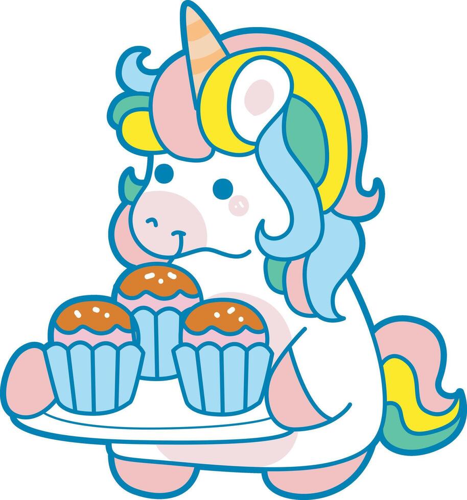 Illustration of cute unicorn activities icon. Funny rainbow unicorn daily routine stickers. Unicorn bring a three cupcakes vector