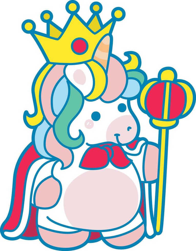 Illustration of cute unicorn activities icon. Funny rainbow unicorn daily routine stickers. Unicorn wearing a prince costume vector