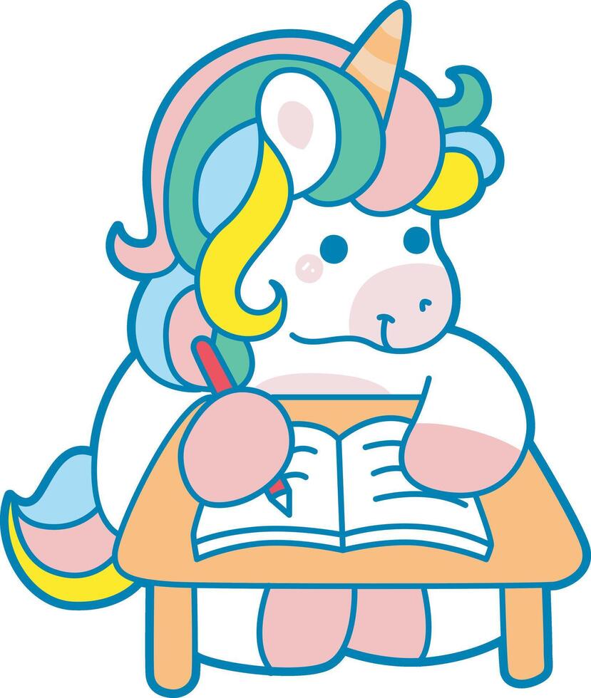 Illustration of cute unicorn activities icon. Funny rainbow unicorn daily routine stickers. Unicorn do homework in the table vector