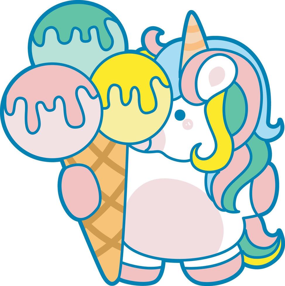 Illustration of cute unicorn activities icon. Funny rainbow unicorn daily routine stickers. Unicorn bring a three scoops of ice cream vector